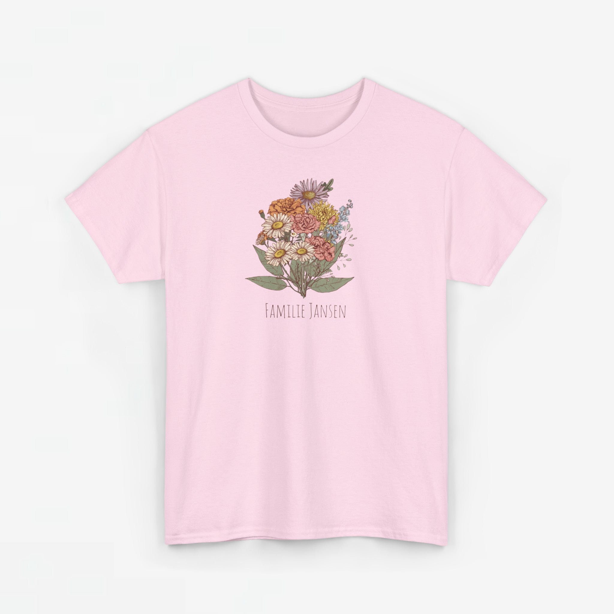 Gepersonaliseerde Moederdag Mama Cadeau - T-shirt - Familie Bloemen boeket met geboortemaand bloemen (zwarte tekst)