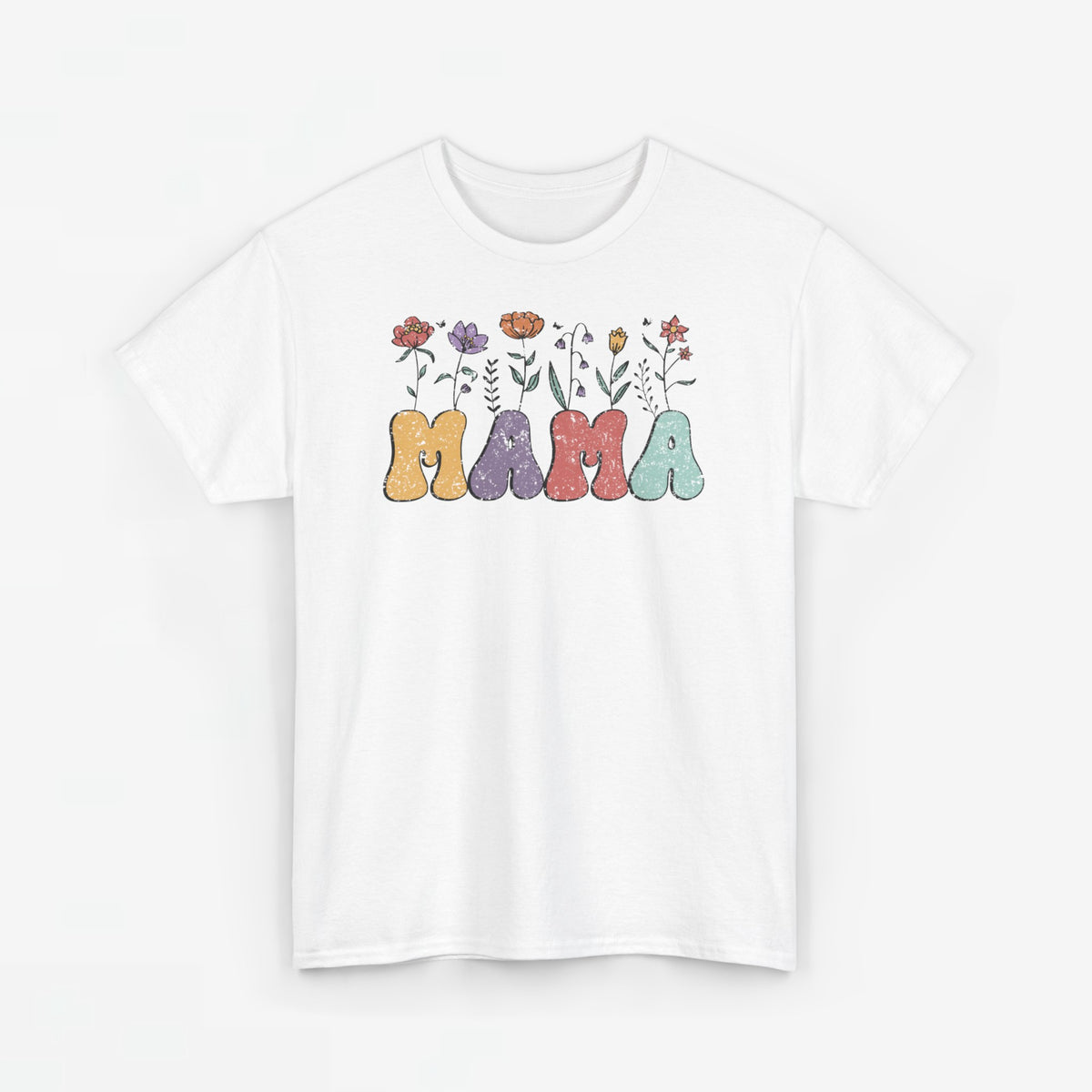 Wit t-shirt met 'MAMA'-print van letters en bloemen, effen model