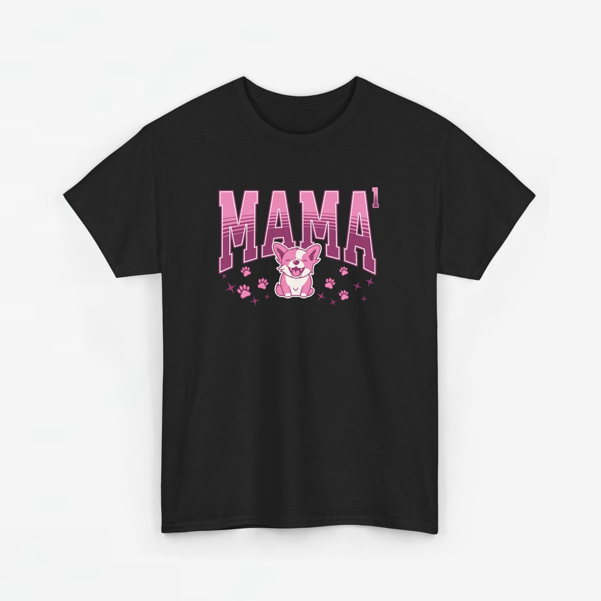 Zwart oversized T-shirt met roze 'MAMA'-opdruk en kleine bloemen rond katje