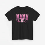 Zwart oversized T-shirt met roze 'MAMA'-opdruk en kleine bloemen rond katje