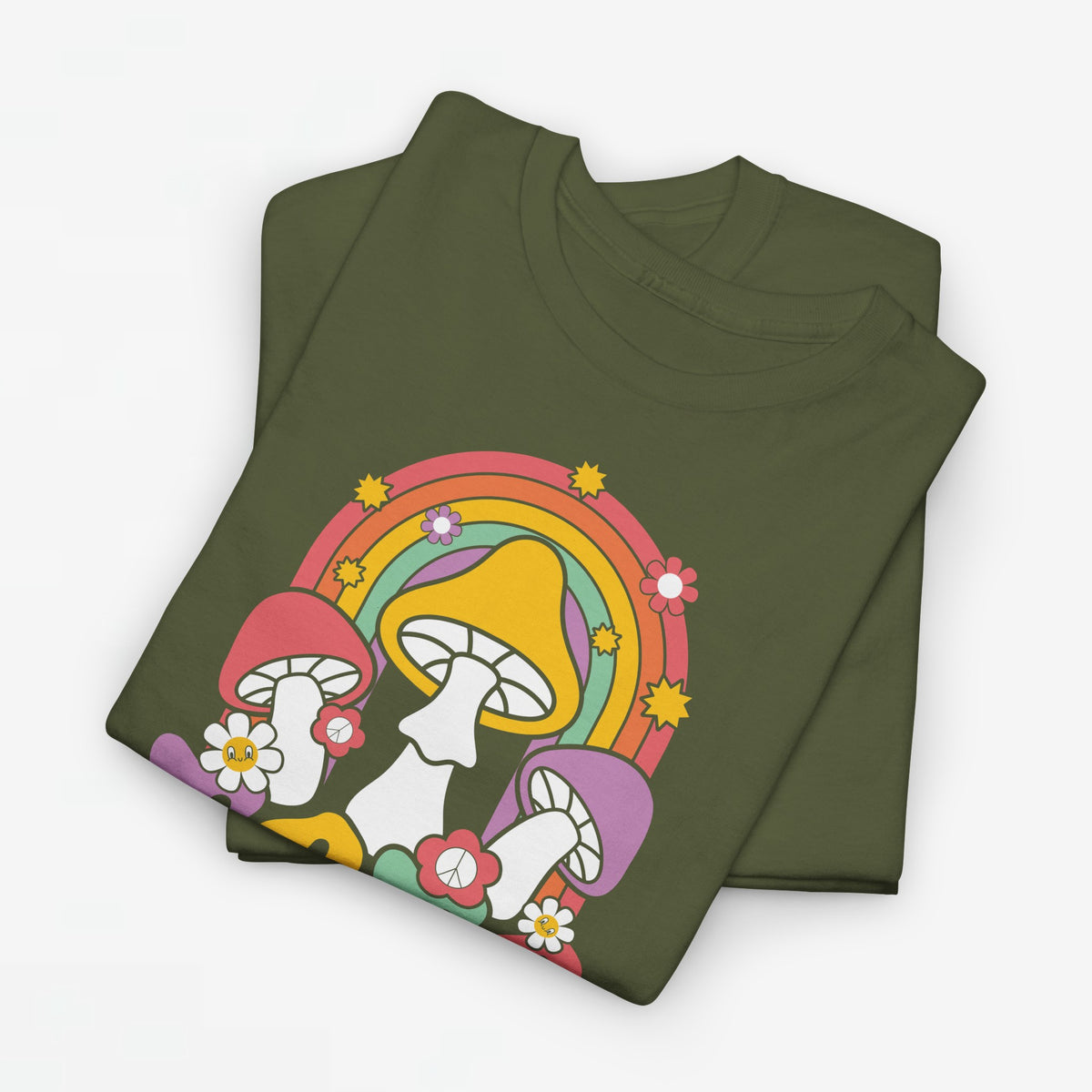 Legergroen oversize T-shirt met regenboog- en paddenstoelprint met bloemen