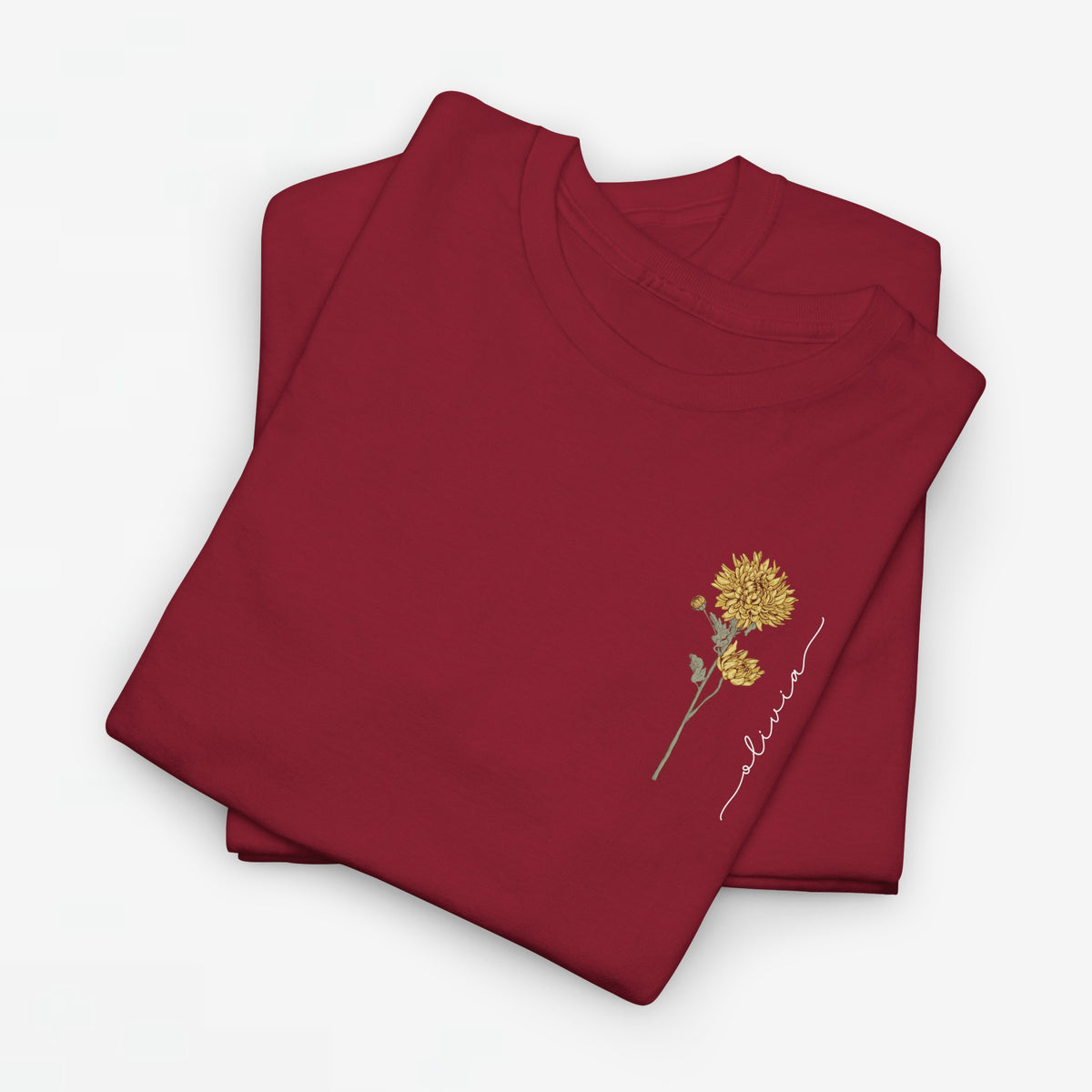 Rood T-shirt met kleine bloemillustratie op de borst, met dunne lijnfiguur