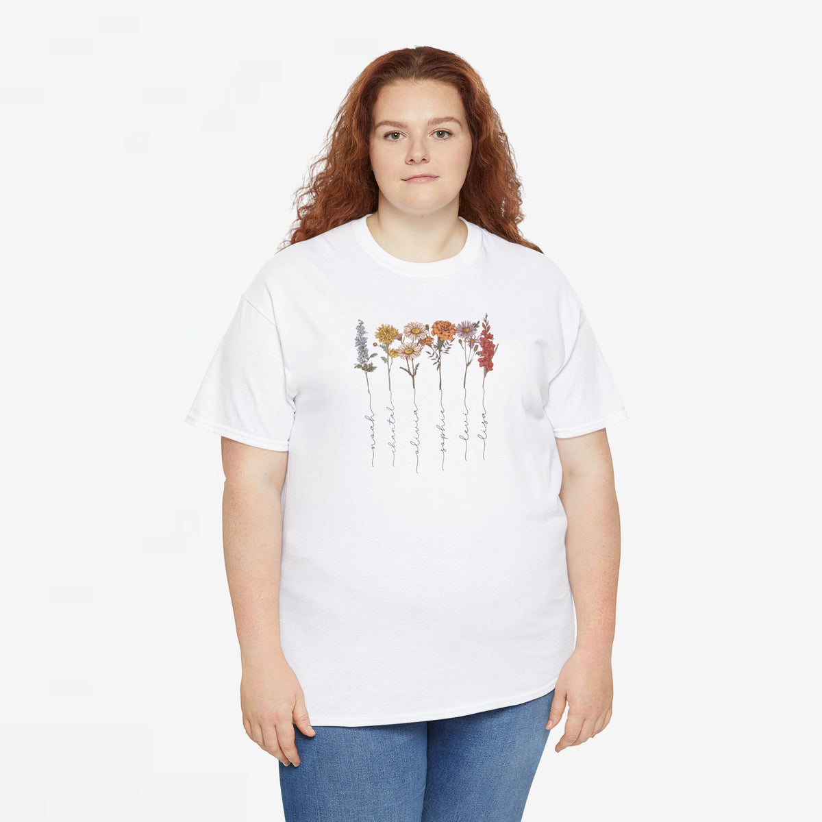 Wit T-shirt met bloemenstelen in pasteltinten en bloemenprint op de borst