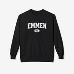 Zwarte varsity trui met ronde hals en grote 'EMMEN' borstprint met NL-label