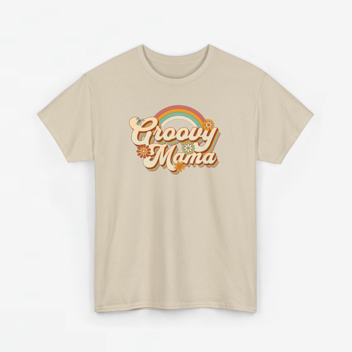 Zandkleurige t-shirt met ronde hals en 'Groovy Mama' regenboogprint