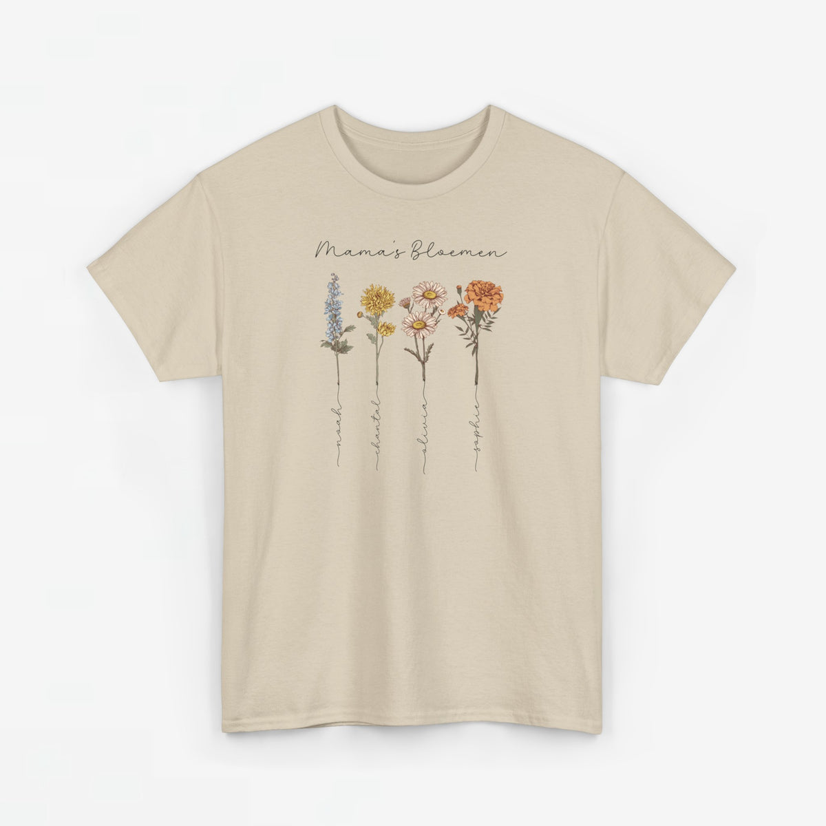 Beige T-shirt met vijf bloemstelen en tekst Mama’s Bloemen