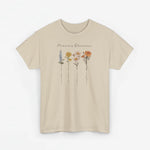 Beige T-shirt met vijf bloemstelen en tekst Mama’s Bloemen