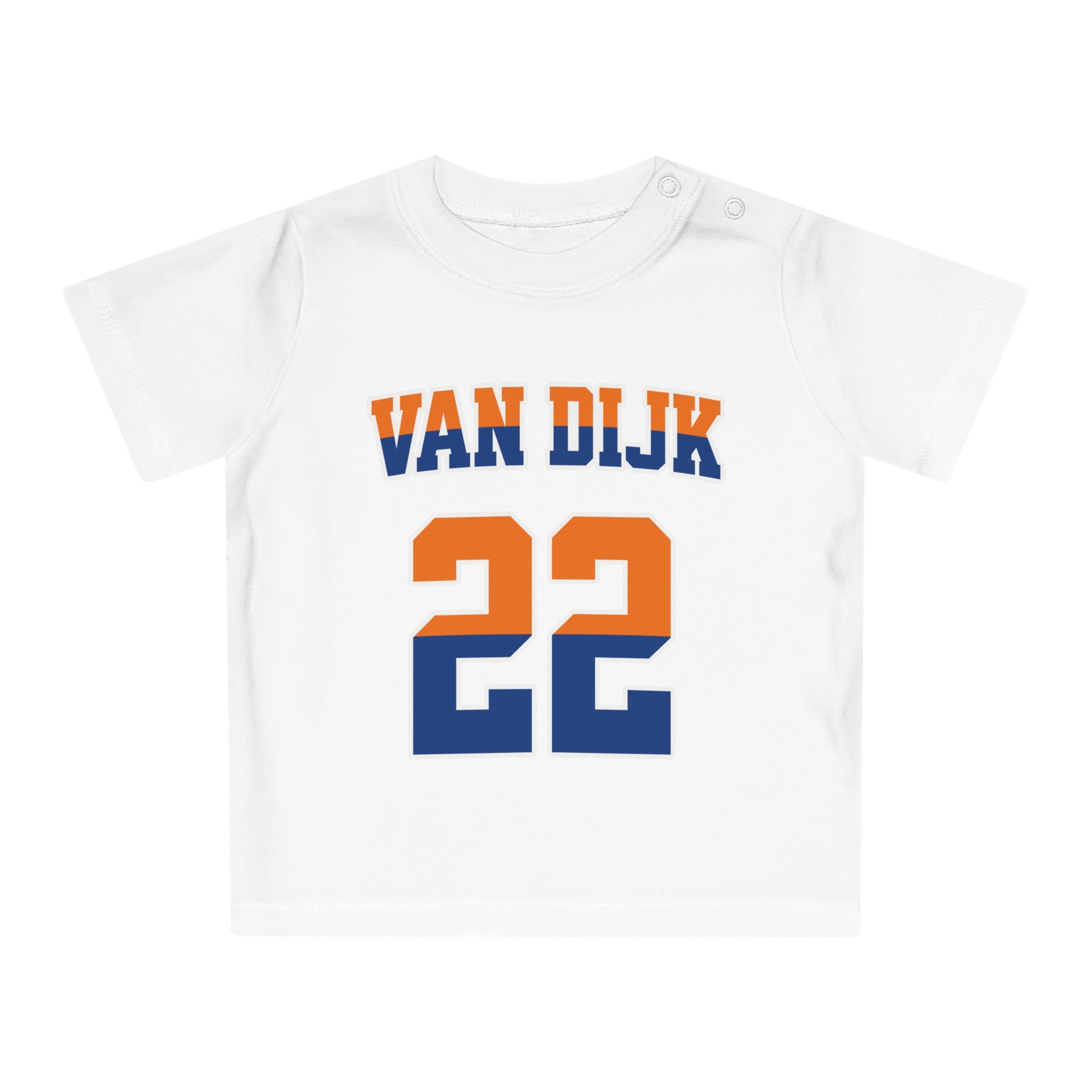 Baby T-shirt voor EK, WK en Koningsdag - Personaliseer met Naam & Rugnummer - oranje en blauwe tekst (Voorkant)