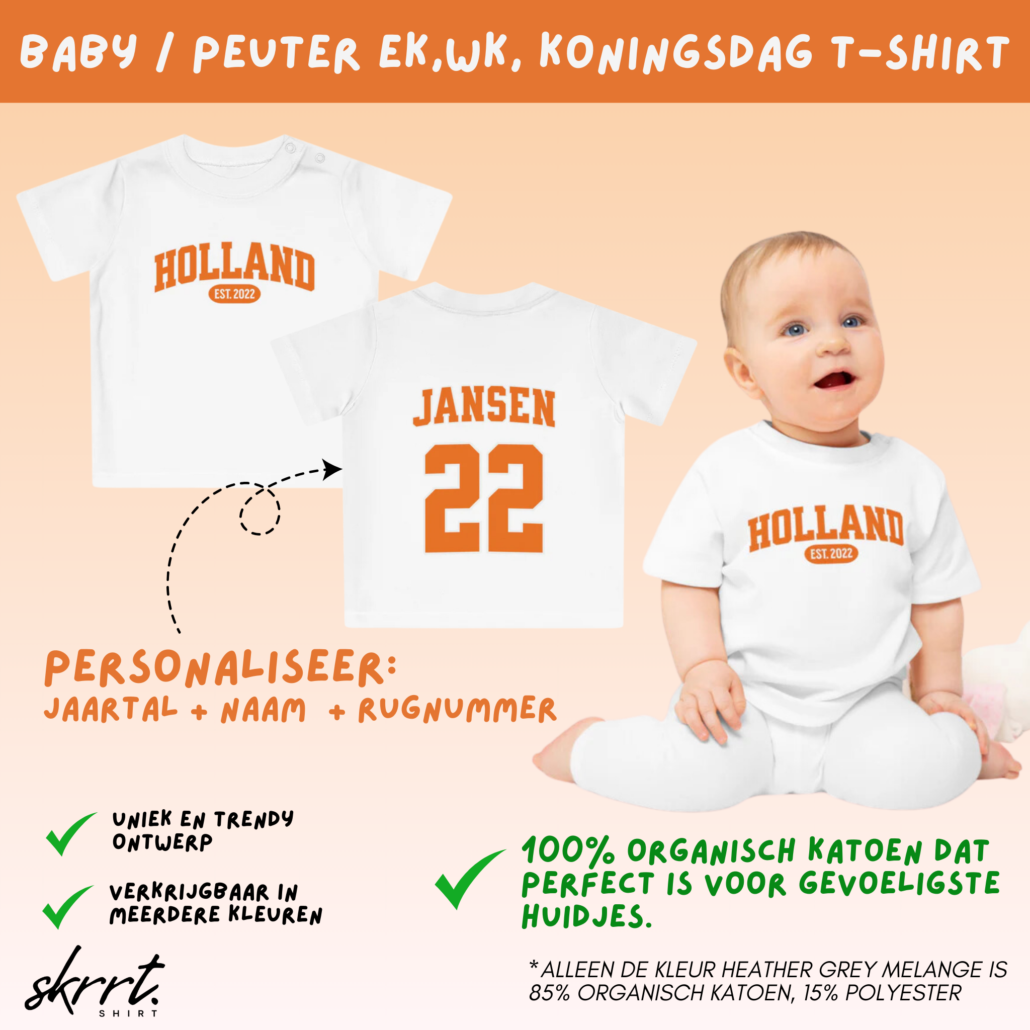 Baby T-shirt voor EK, WK en Koningsdag - Personaliseer met Naam, Jaar & Rugnummer - HOLLAND