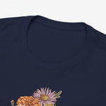 Navy t-shirt met ronde hals en bloemenprint op de borst