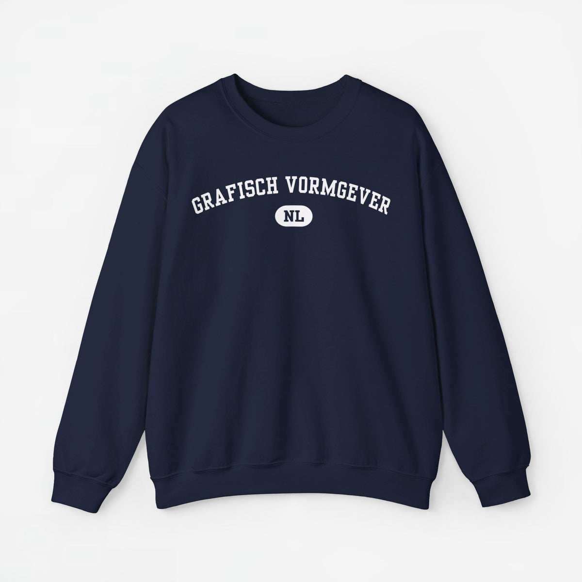 Donkerblauwe trui met ronde hals en borstprint 'Grafisch vormgever' NL-logo
