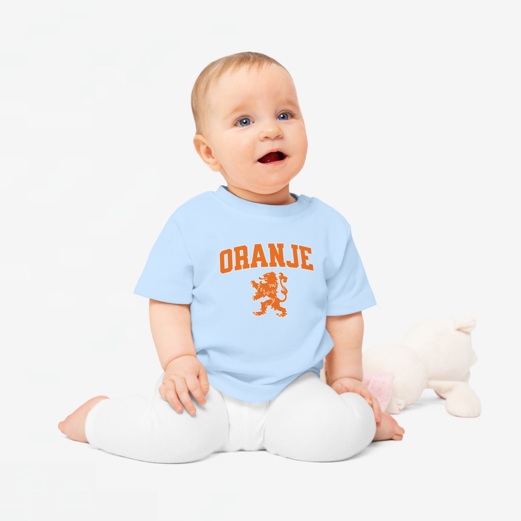 Baby T-shirt voor EK, WK en Koningsdag - ORANJE met Leeuw