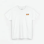 Dames oversized T-shirt wit met kleine oranje borstprint en bier-icoon
