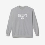 Sport grey varsity trui met ronde hals, lange mouwen en DELFT-logo op de borst.