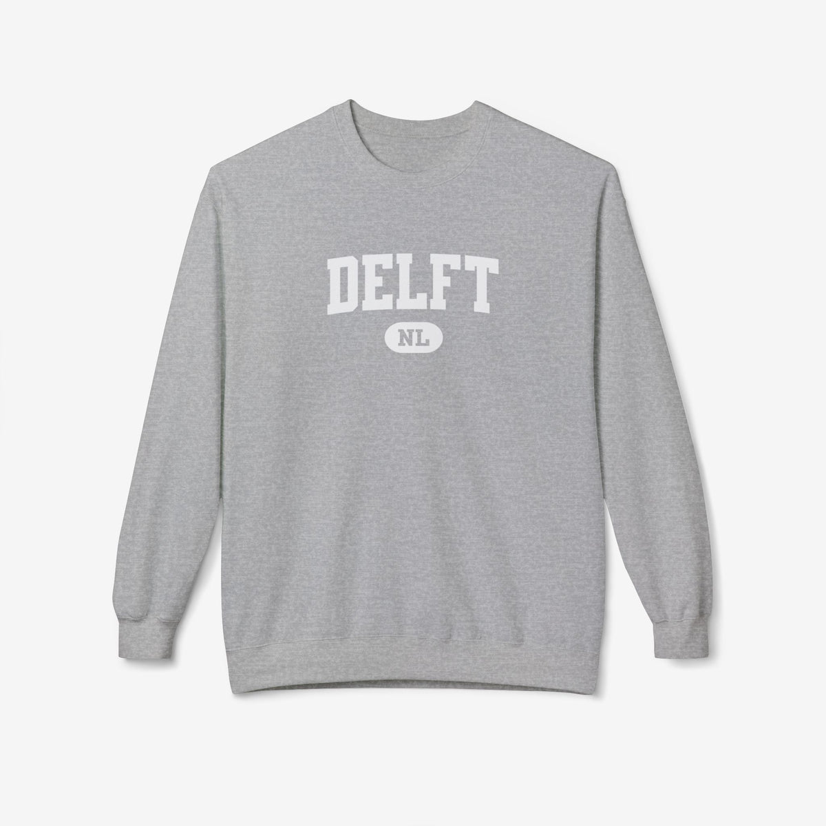 Sport grey varsity trui met ronde hals, lange mouwen en DELFT-logo op de borst.
