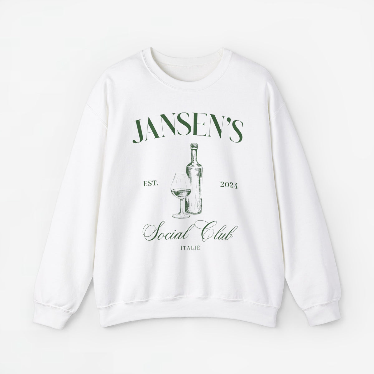 Witte sweater met ronde hals en opdruk van fles en wijnglas op de borst