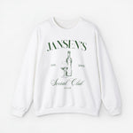 Witte sweater met ronde hals en opdruk van fles en wijnglas op de borst