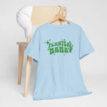 Lichtblauw T-shirt met groene "PLANTEN MAMMA" print en ronde hals