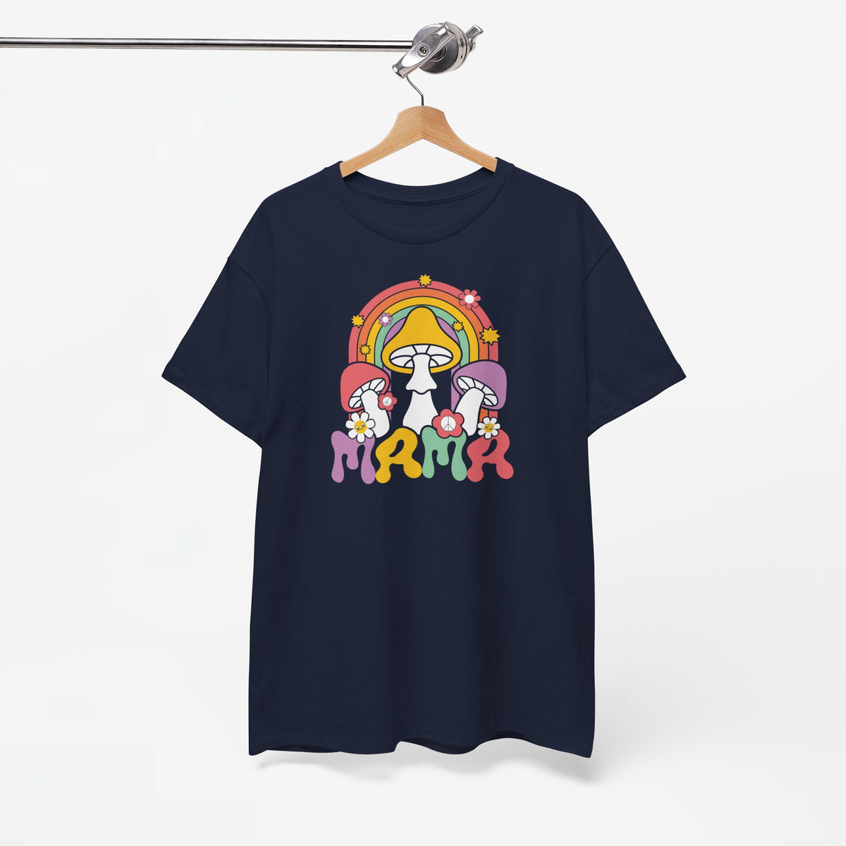 Oversized navy T-shirt met regenboog-paddenstoelprint aan de voorkant