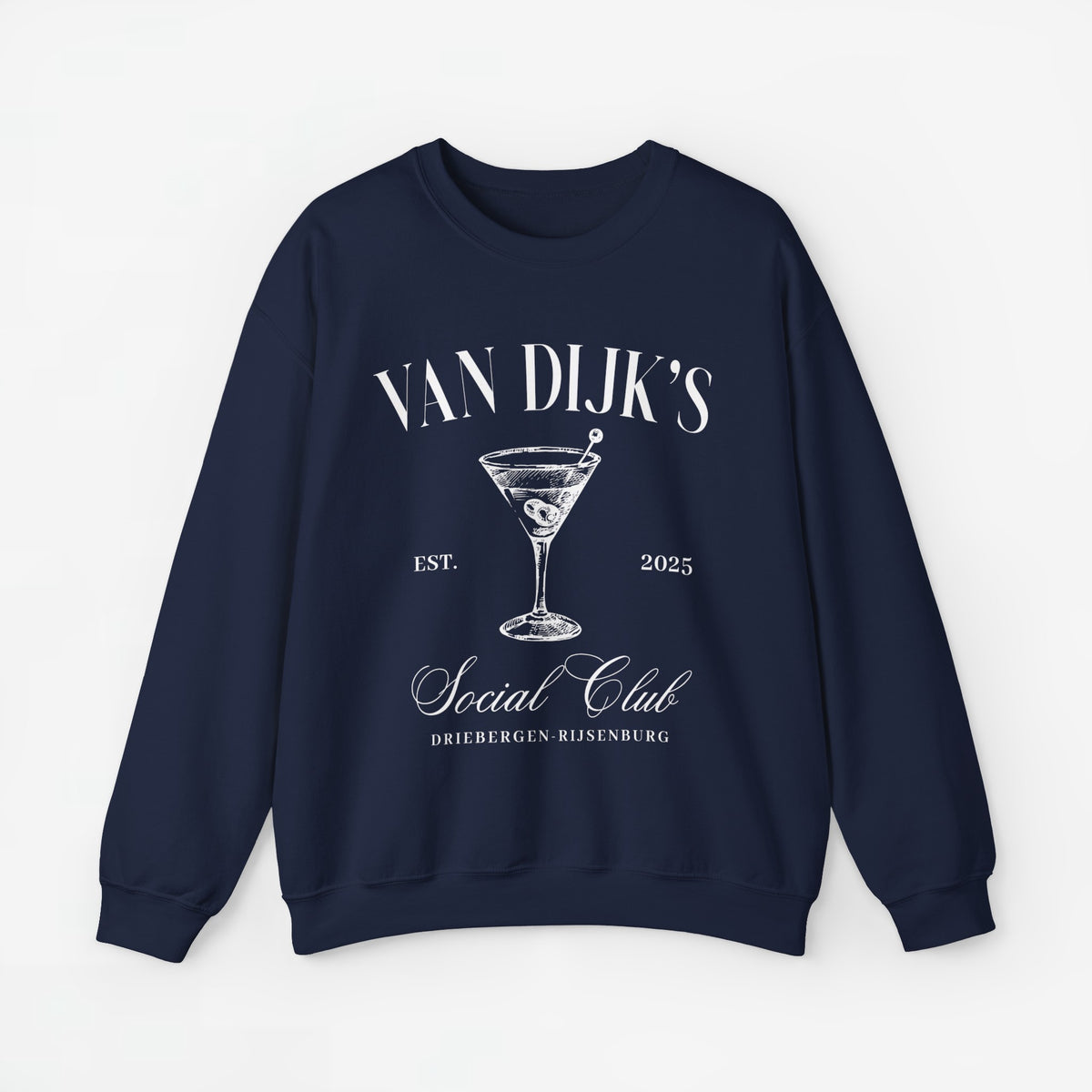 Marineblauwe sweatshirt met kermiskelkprint en clubtekst voorop