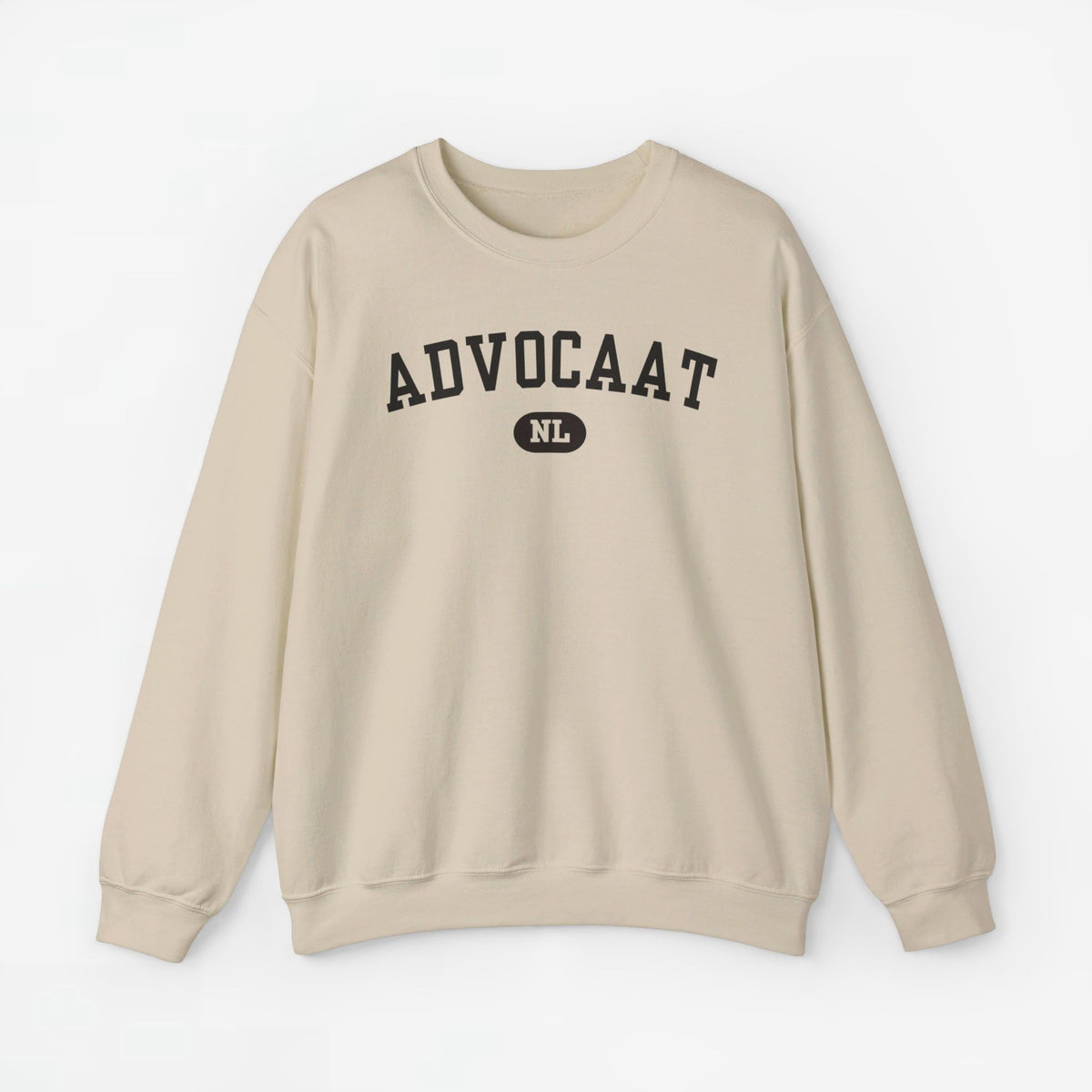 Beige sweatshirt met ronde hals en grote 'Advocaat' print op de borst