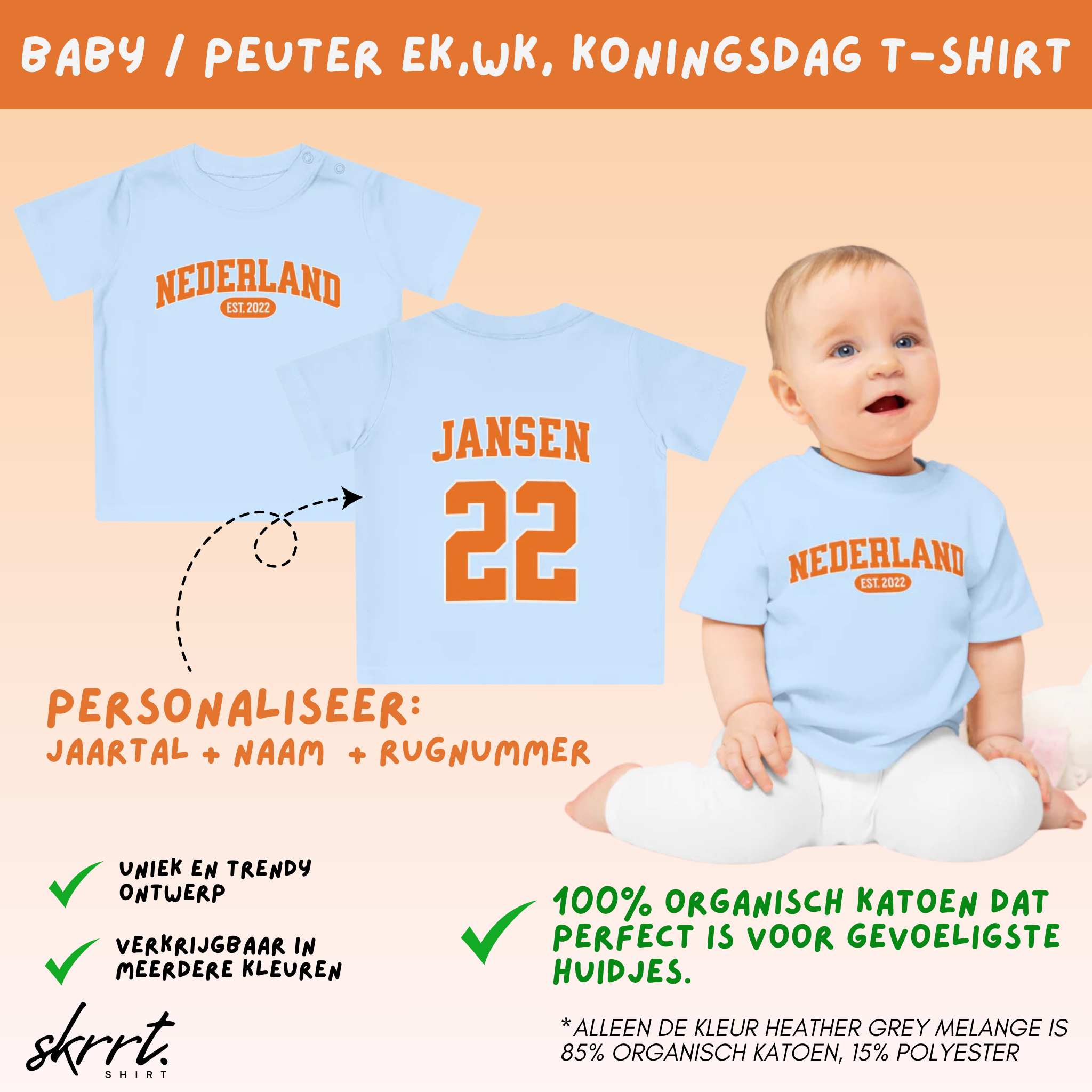 Baby T-shirt voor EK, WK en Koningsdag - Personaliseer met Naam, Jaar & Rugnummer - NEDERLAND