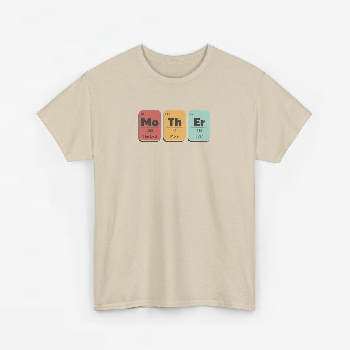 Zandkleurige T-shirt met ronde hals en kleine borstprint van gekleurde blokjes