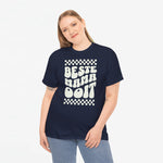 Marineblauwe oversized t-shirt met wit opschrift en ruitpatroon "BESTE MAMA OOIIT"
