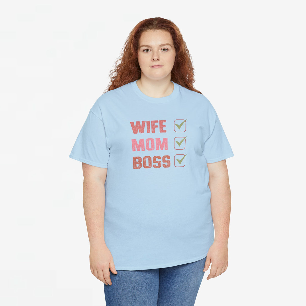 Lichtblauw oversized t-shirt met opdruk 'WIFE MOM BOSS' en vinkjes