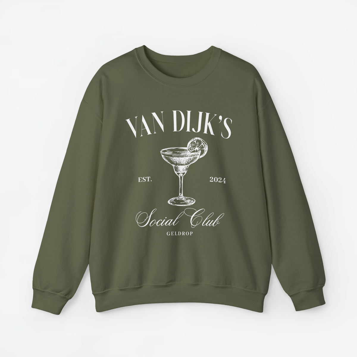 Olijfgroene sweatshirt met ronde hals en opdruk van cocktailglas met tekst