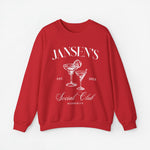 Rode sweatshirt met opdruk JANSEN'S en Social Club, ronde hals en lange mouwen.