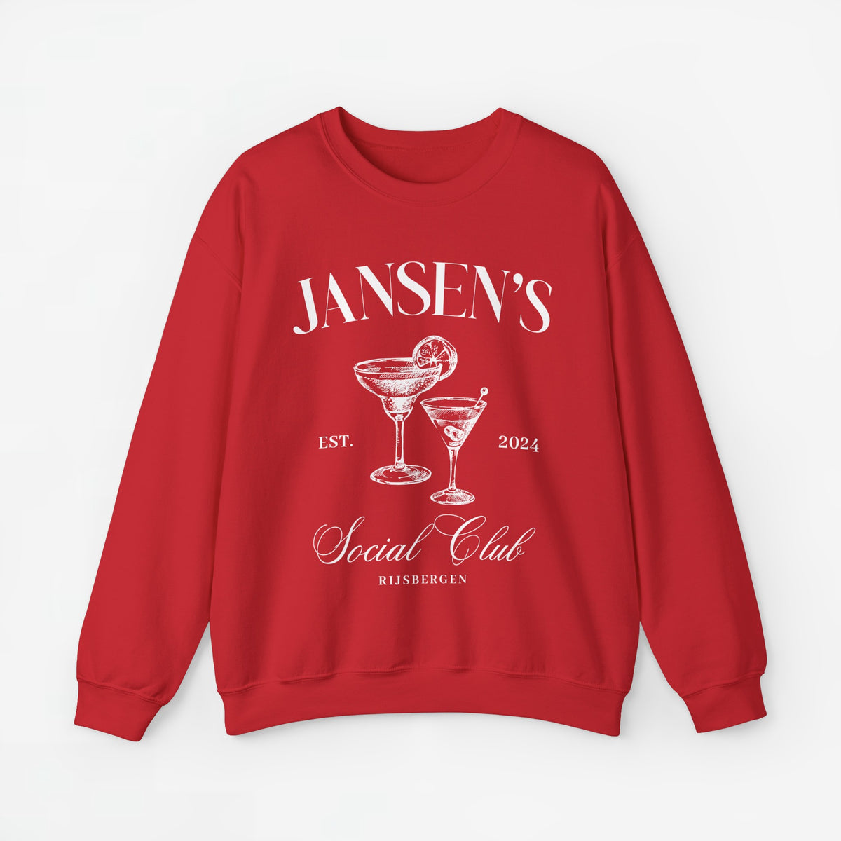Rode sweatshirt met ronde hals en witte 'JANSEN'S Social Club'-opdruk.