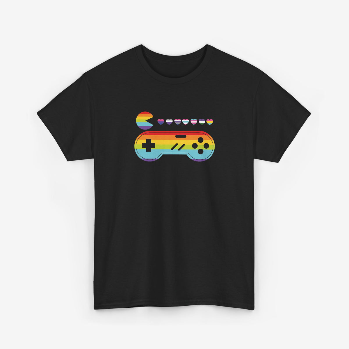 Zwarte t-shirt met regenboog gamecontroller en kleine hartjes opdruk
