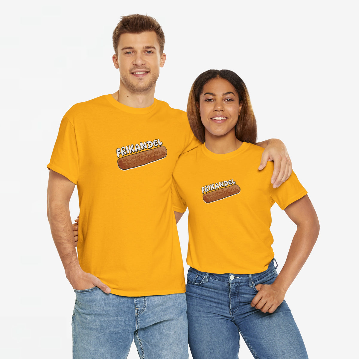 Oversized oranje T-shirt met ronde hals en frontprint van frikandelworst.