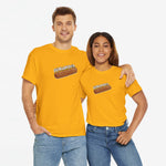 Oversized oranje T-shirt met ronde hals en frontprint van frikandelworst.