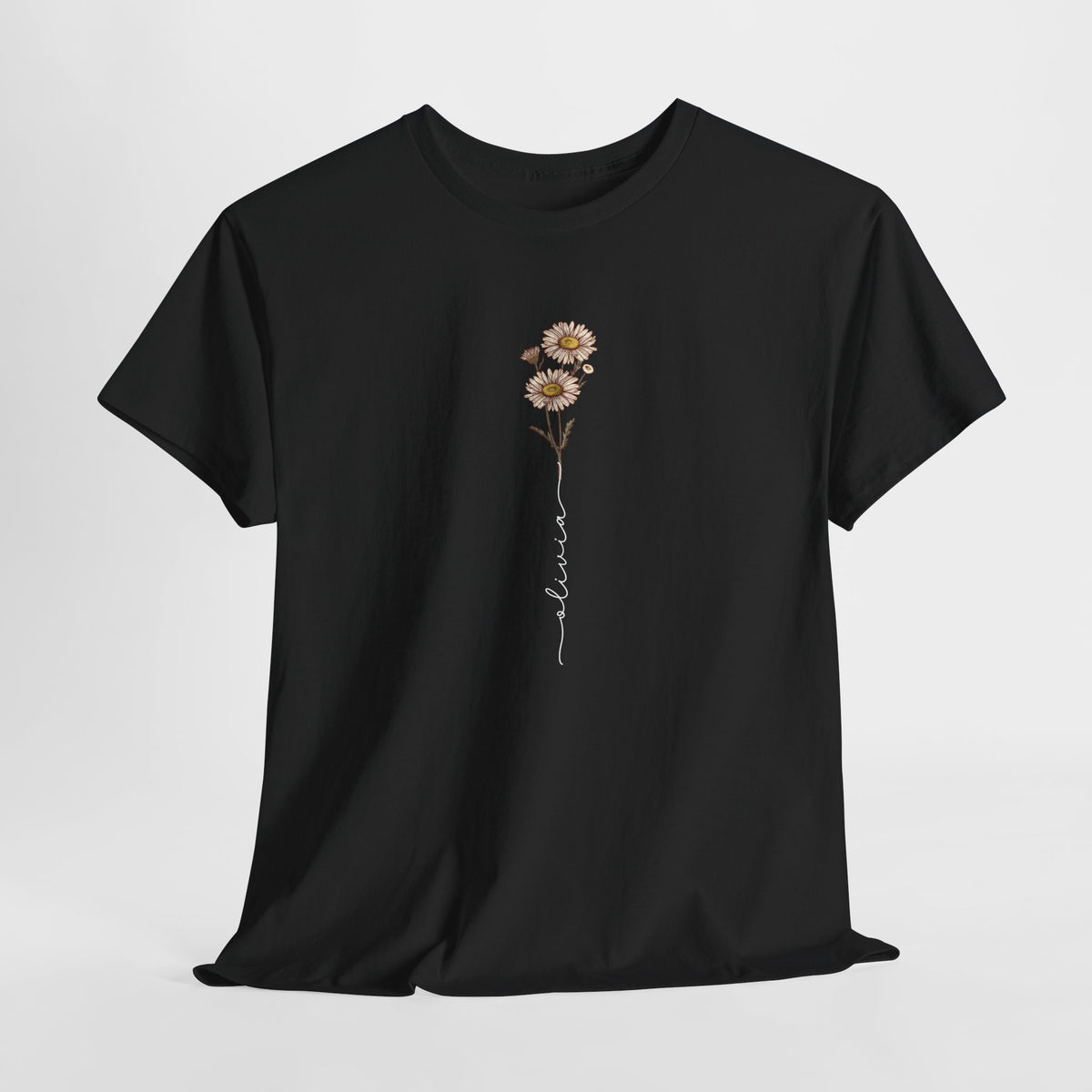 Zwart T-shirt met margrietprint en slingertekst op de borst