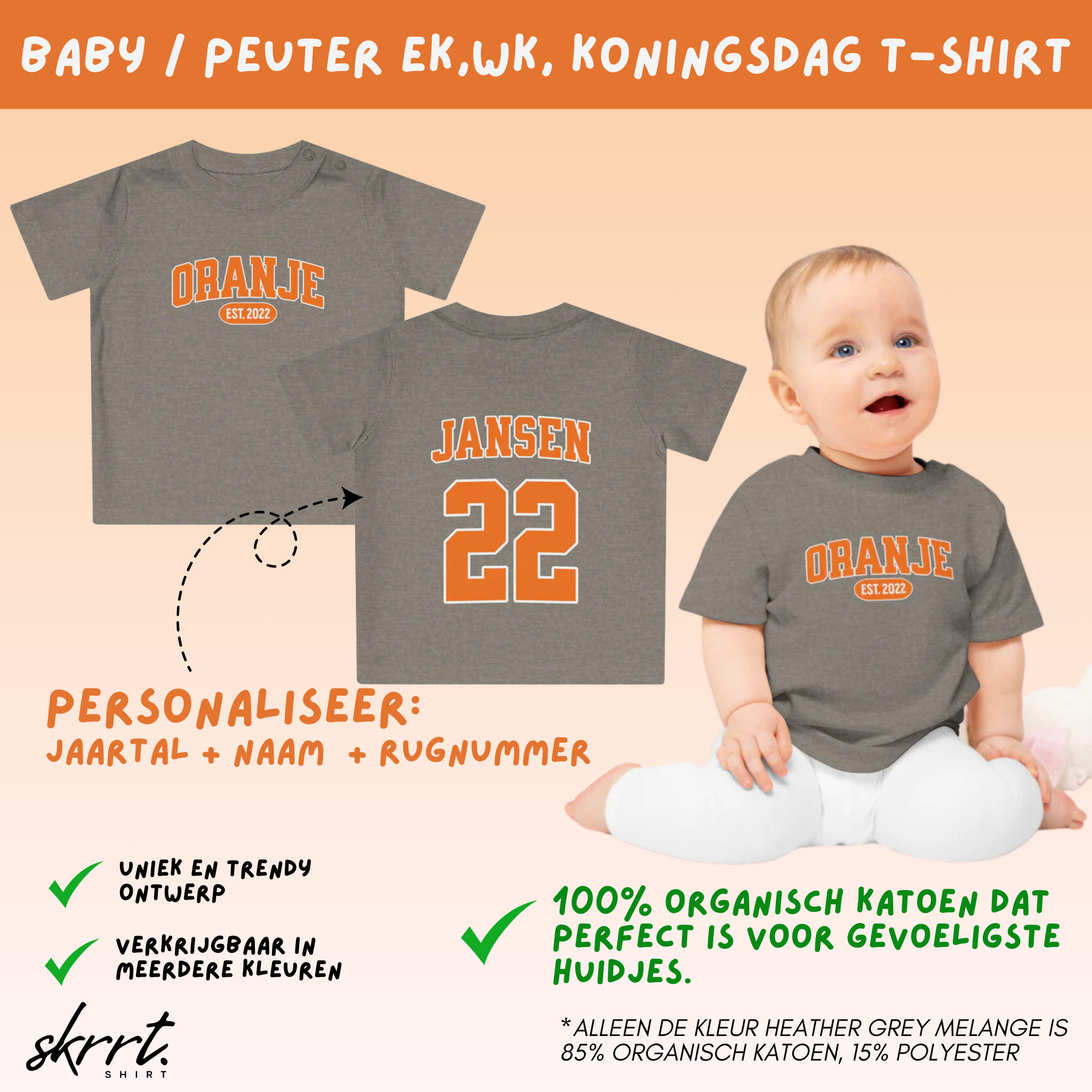 Baby T-shirt voor EK, WK en Koningsdag - Personaliseer met Naam, Jaar & Rugnummer - ORANJE