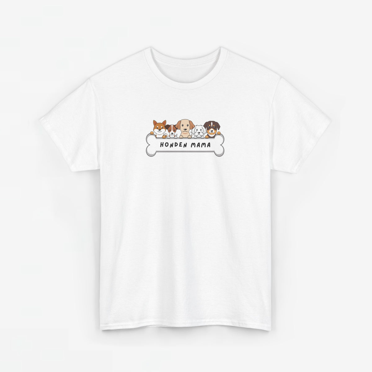 Wit T-shirt met ronde hals en opdruk van honden en tekst “HONDEN MAMA”