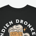 Zwart heren T-shirt close-up rugprint met witte tekst en bierglas-illustratie