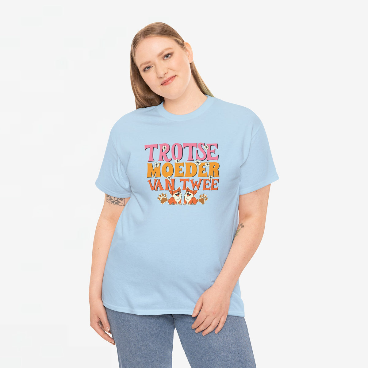 Lichtblauw oversized T-shirt met borstopdruk 'Trots(e) moeder van twee' met honden
