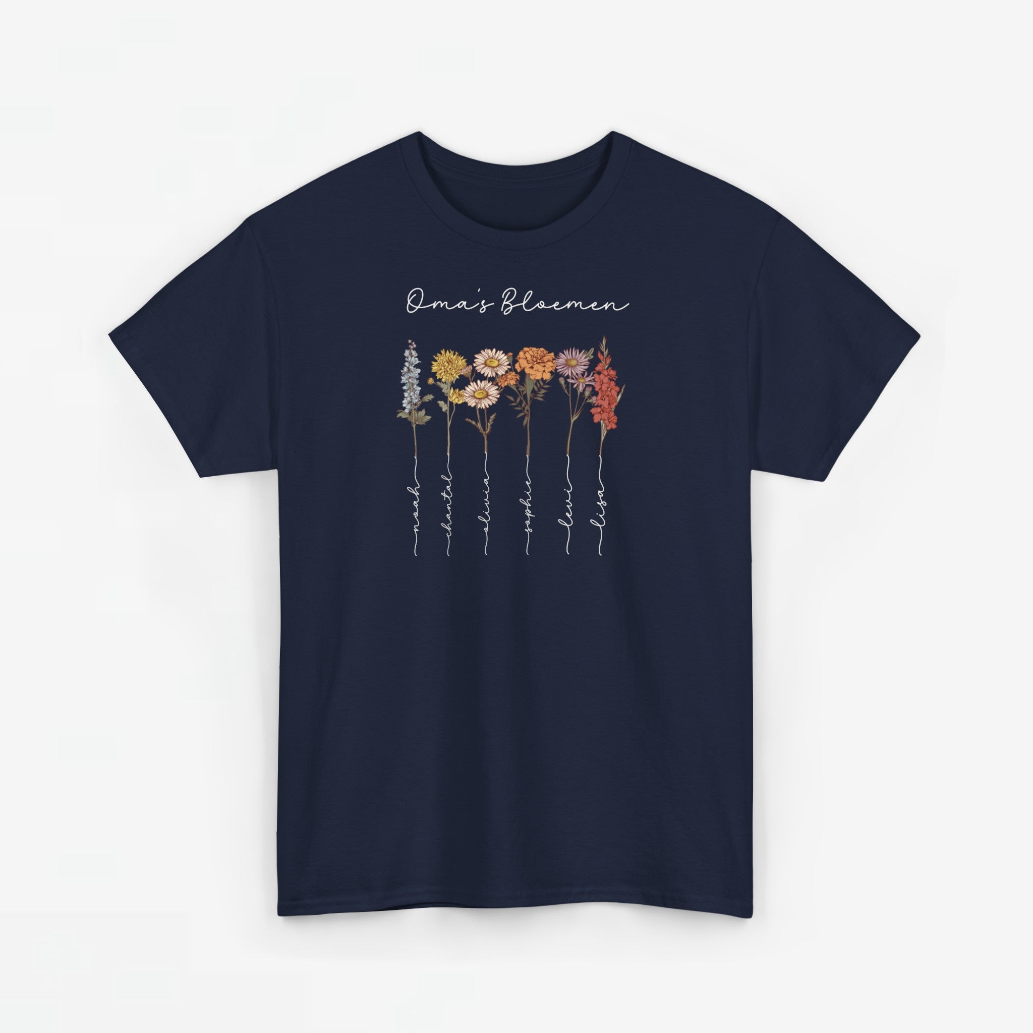 Gepersonaliseerde Moederdag Mama Cadeau - T-shirt - Oma's Bloemen met namen en geboortemaand bloemen (witte tekst)