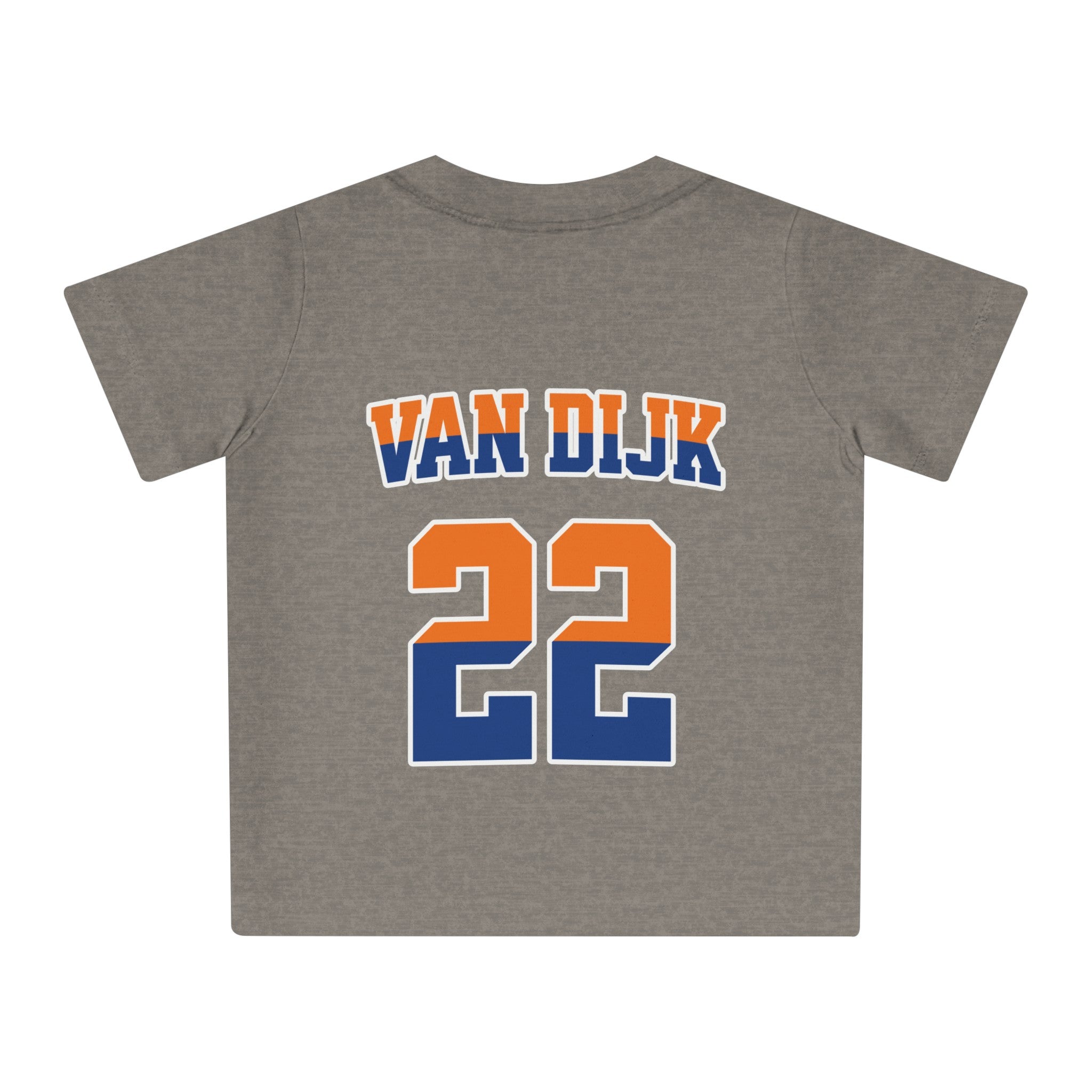 Baby T-shirt voor EK, WK en Koningsdag - Personaliseer met Naam, Jaar & Rugnummer - NEDERLAND (oranje en blauwe tekst)