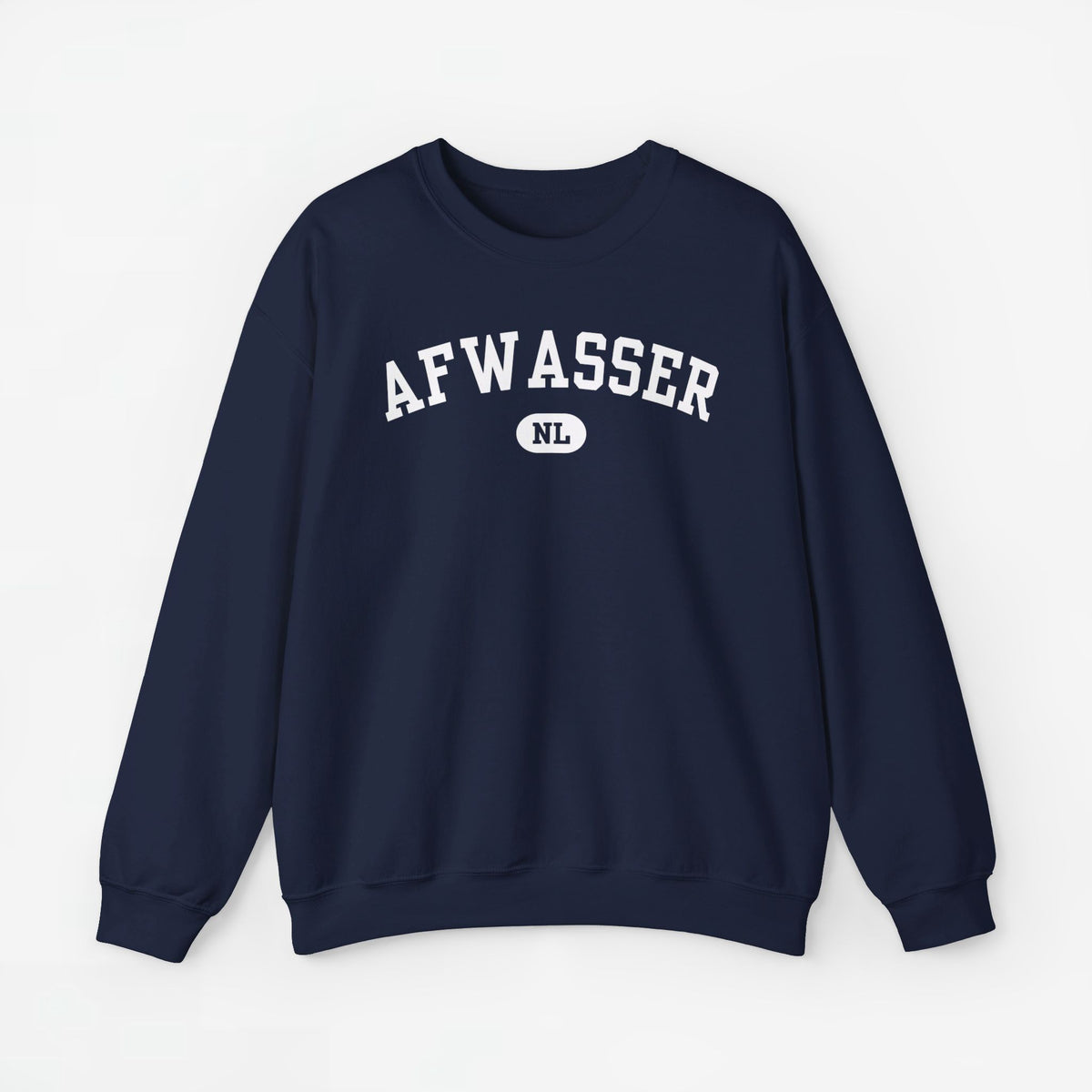 Donkerblauwe trui met ronde hals en AFWASSER NL-print op de borst