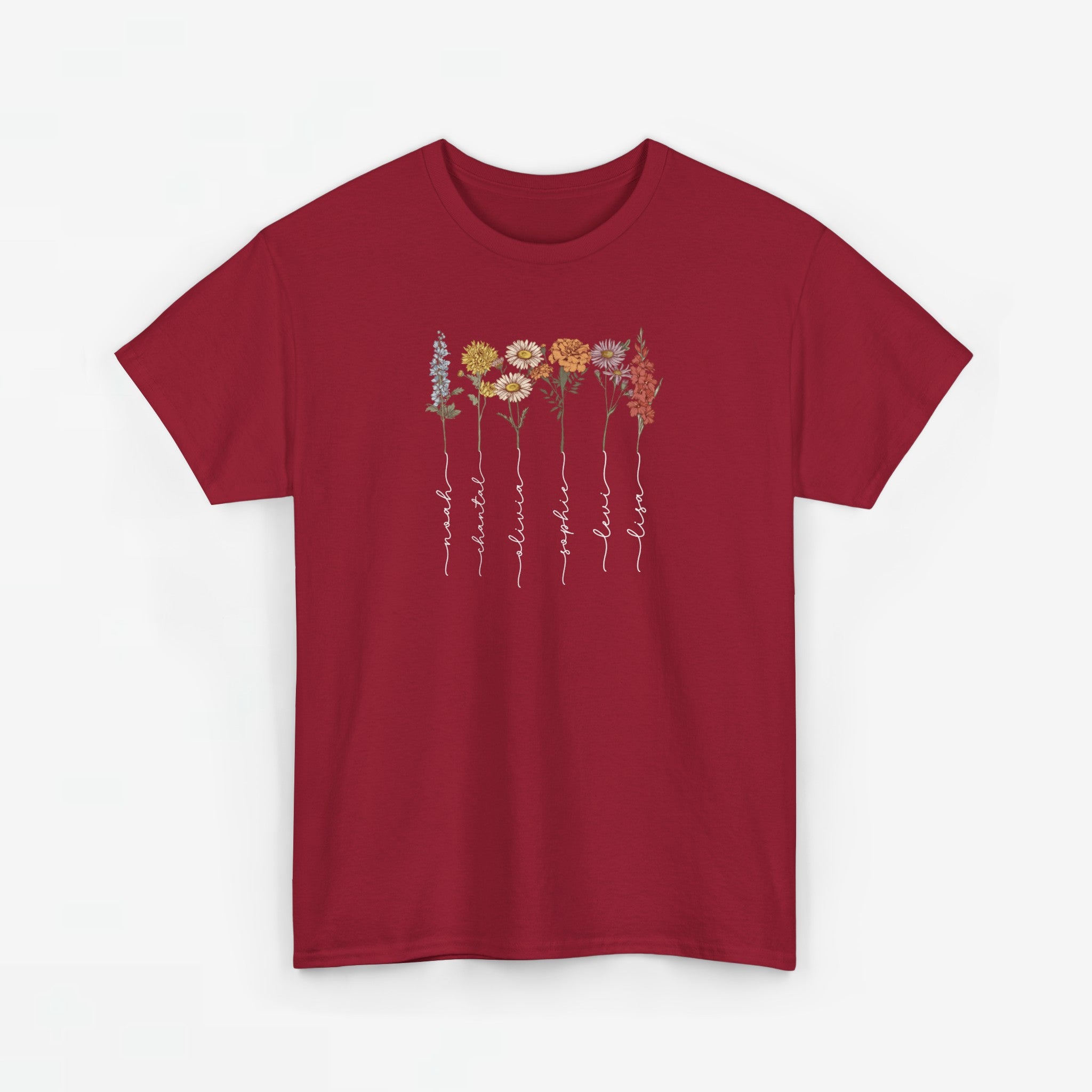 Gepersonaliseerde Moederdag Mama Cadeau - T-shirt - Geboortemaand bloemen met namen (witte tekst)