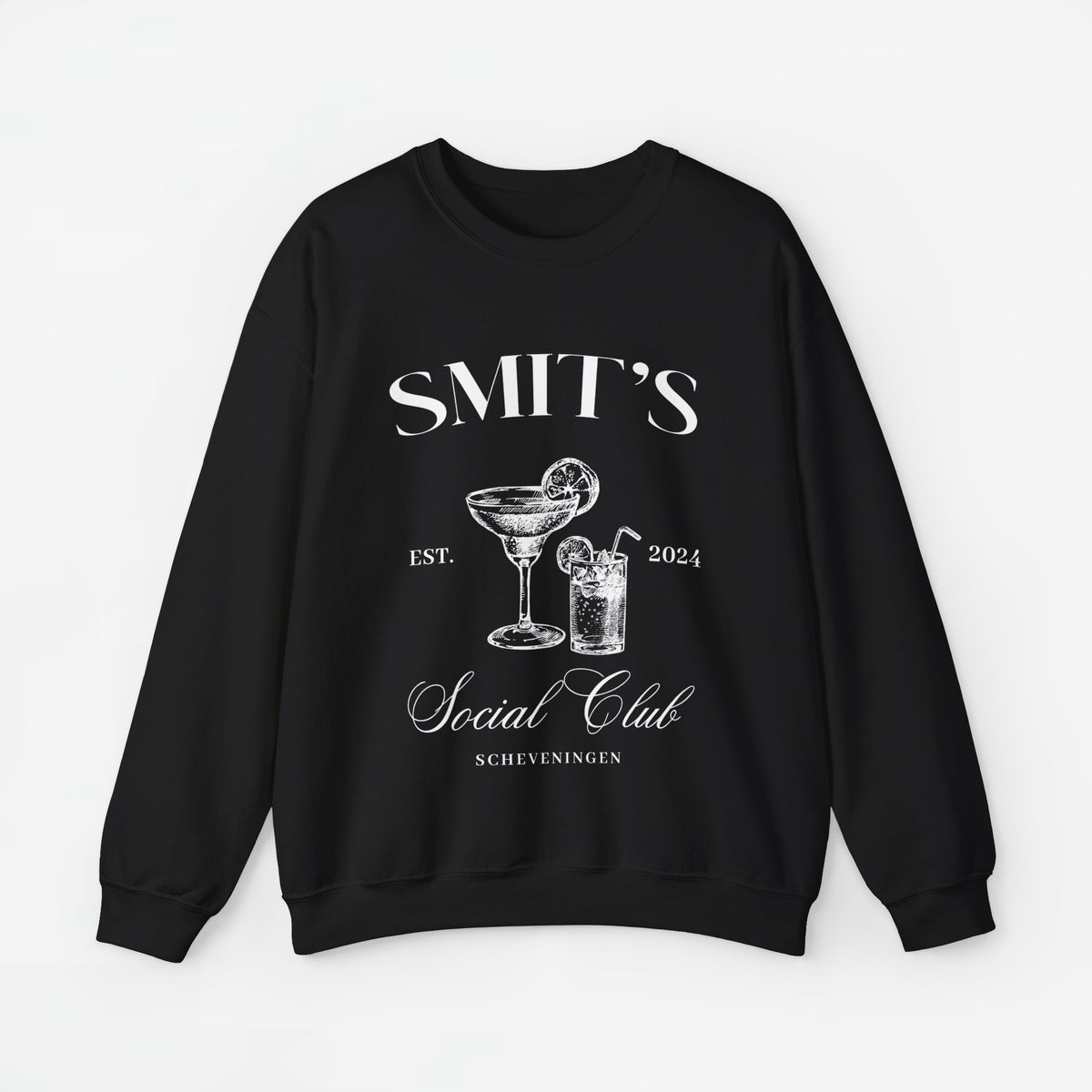Zwarte sweatshirt met ronde hals en print van bekers en tekst op de borst.