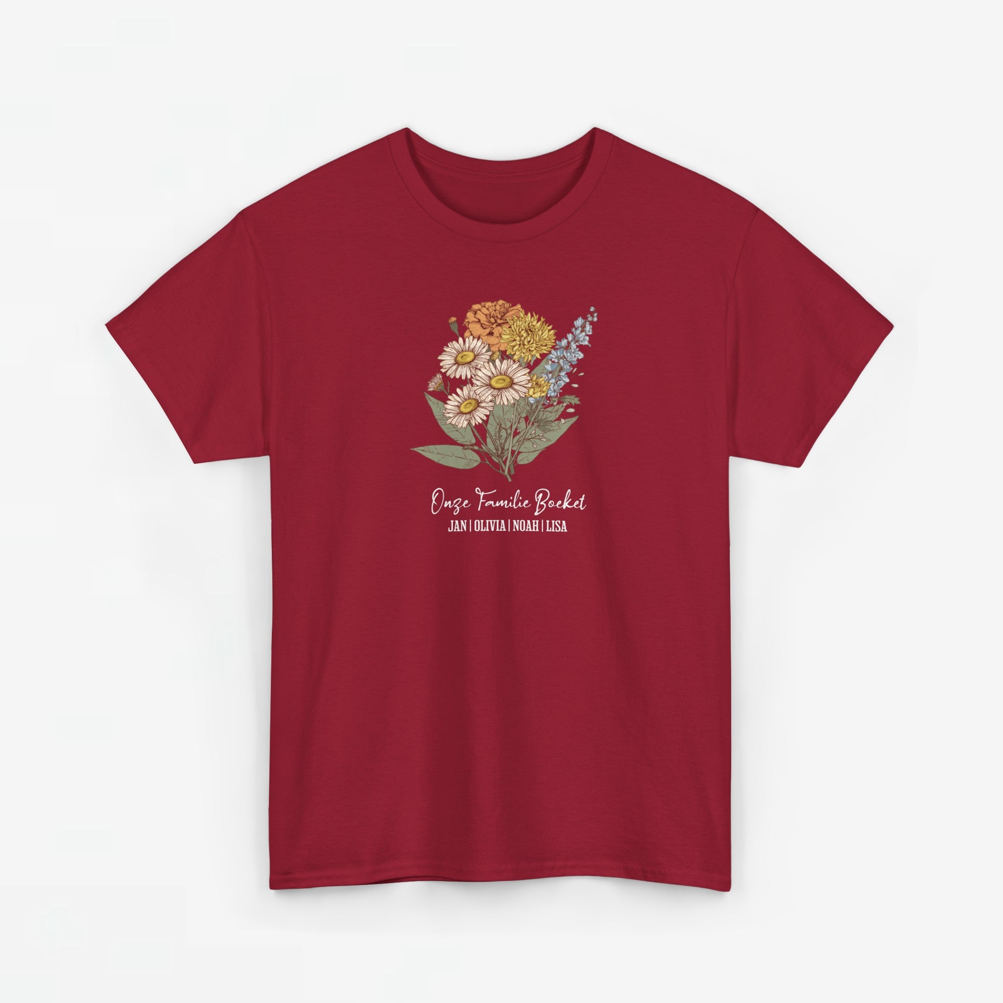 Gepersonaliseerde Moederdag Mama Cadeau - T-shirt - Ons familieboeket met namen en geboortemaand bloemen (witte tekst)