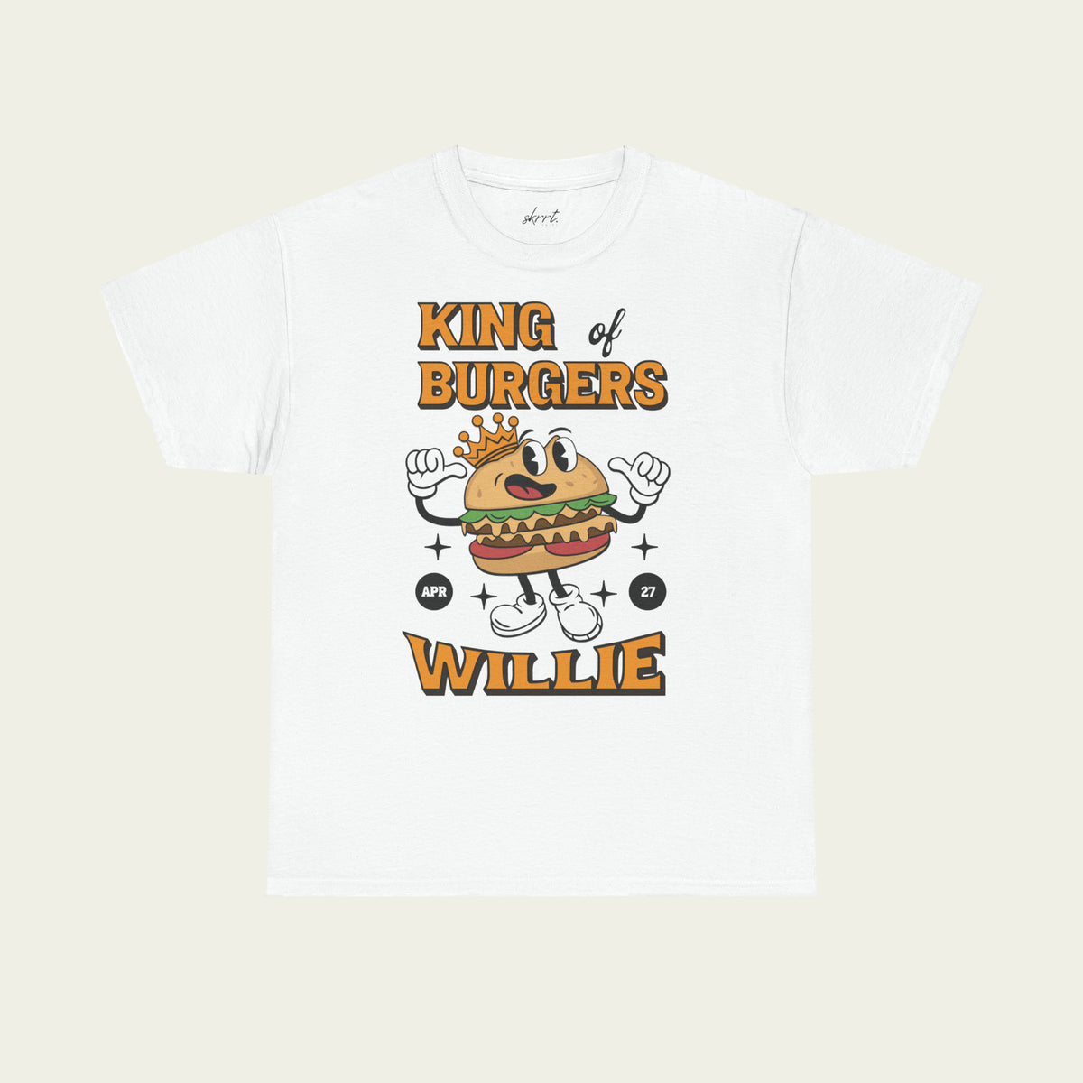 Wit T-shirt met frontprint van cartoon-burger met kroon en ‘WILLIE’