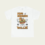 Wit T-shirt met frontprint van cartoon-burger met kroon en ‘WILLIE’