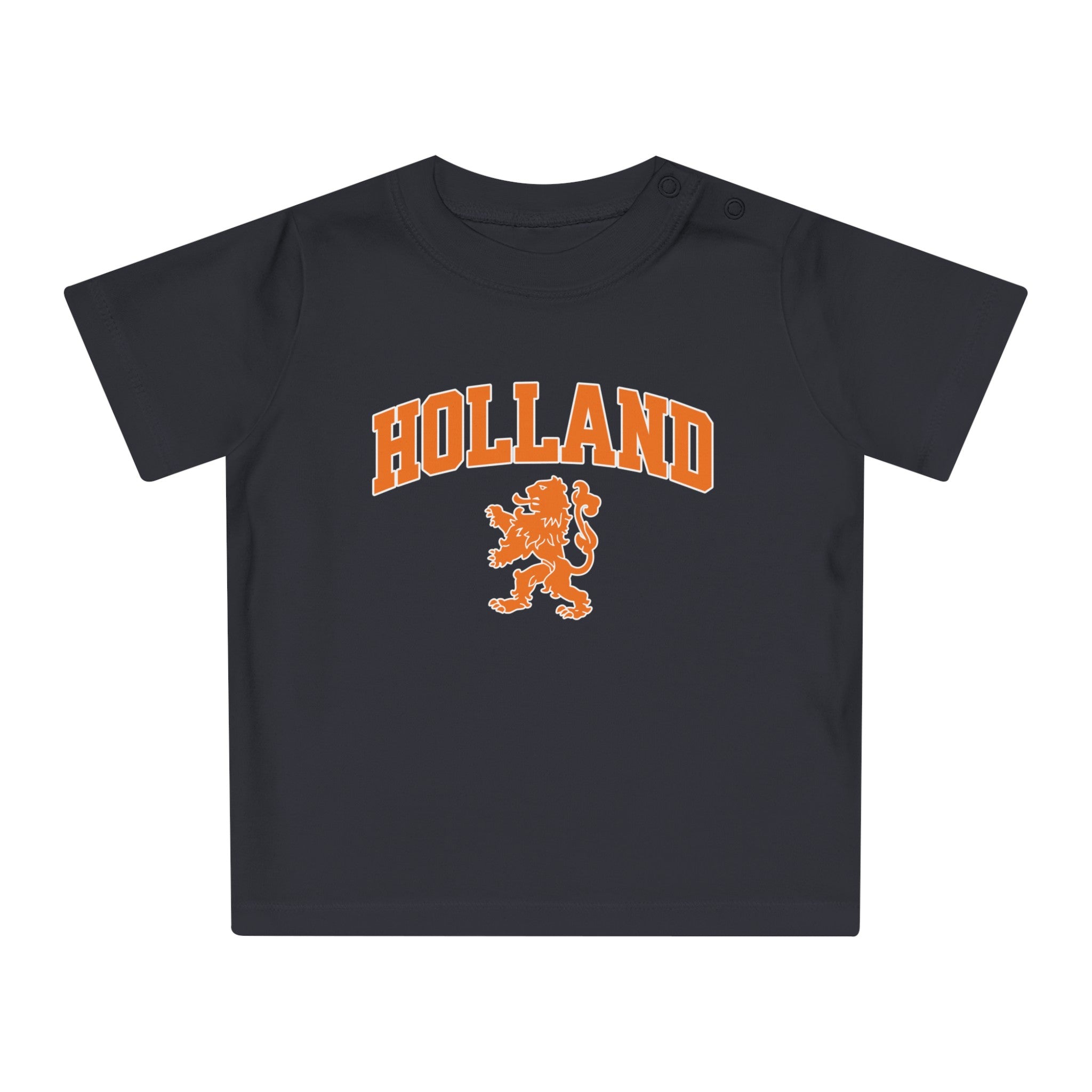 Baby T-shirt voor EK, WK en Koningsdag - Personaliseer met Naam & Rugnummer - HOLLAND met Leeuw