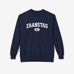 Varsity-sweater met ronde hals, donkerblauw, borstprint 'ZAANSTAD NL'.